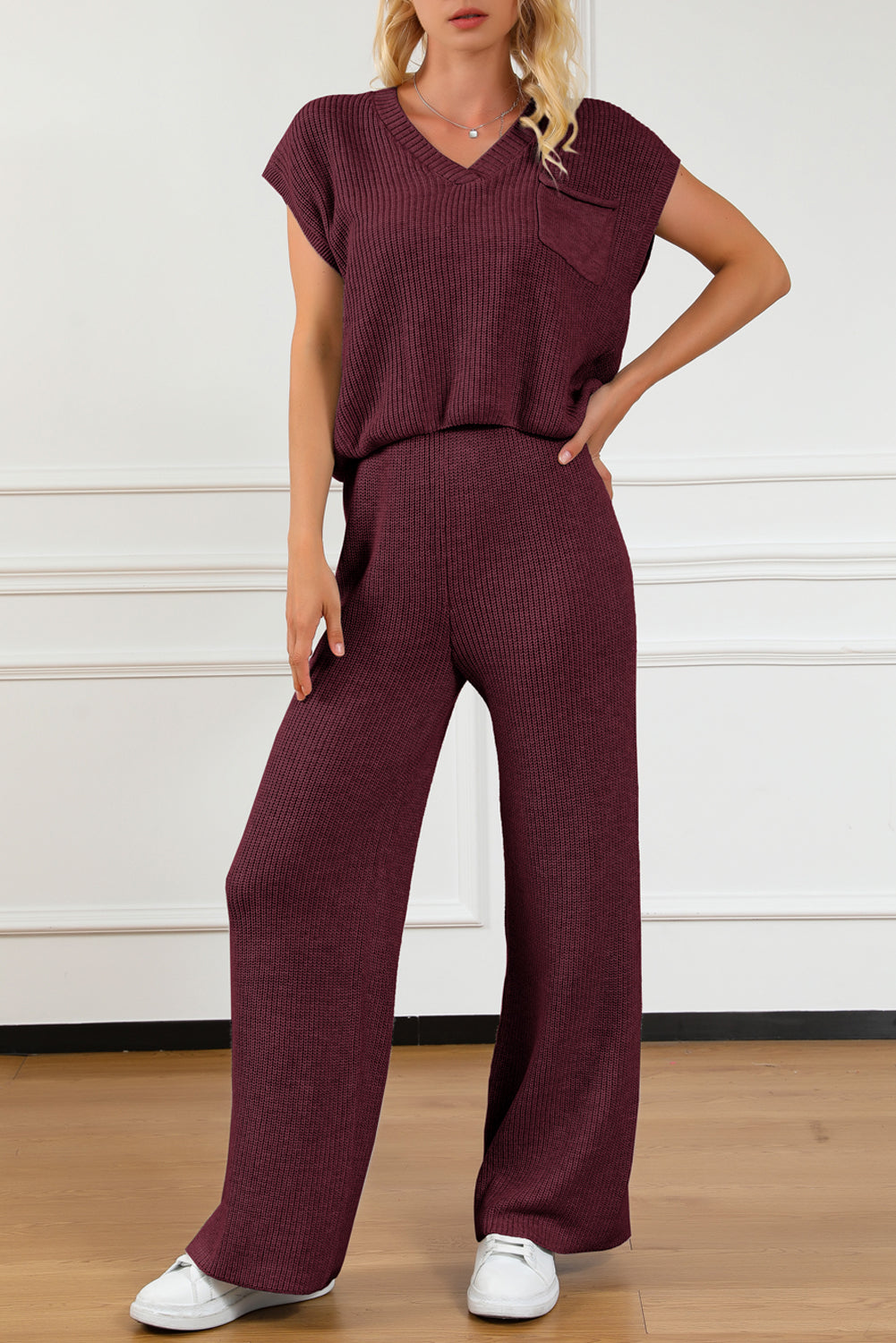 Pocketed V-Neck Top and Wide Leg Sweater Set - AllIn Computer