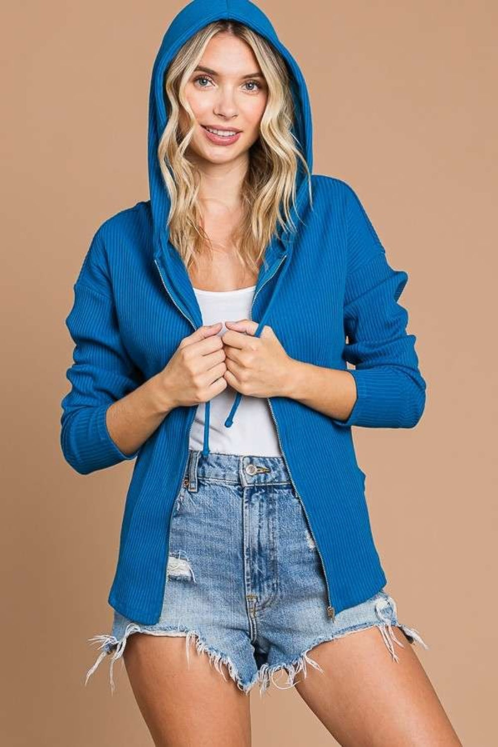 Culture Code Full Size Ribbed Zip Up Drawstring Hooded Jacket - AllIn Computer