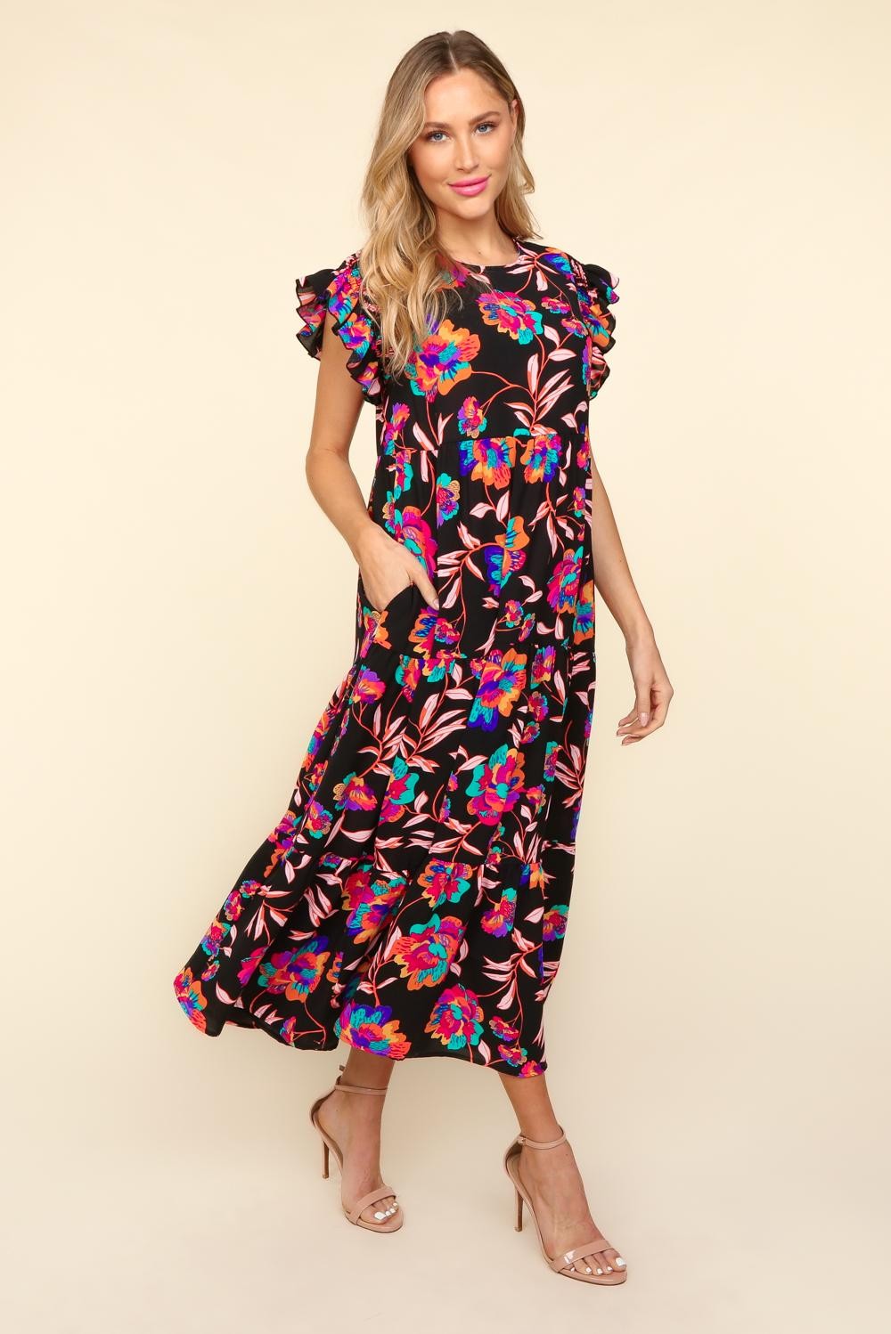 Haptics Ruffled Printed Round Neck Cap Sleeve Dress - AllIn Computer