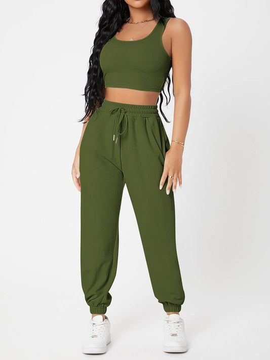 Wide Strap Top and Drawstring Joggers Set | CLOTHING,SHOES & ACCESSORIES | joggers, outfit sets, Ship From Overseas, top, Y.J.Y | Trendsi