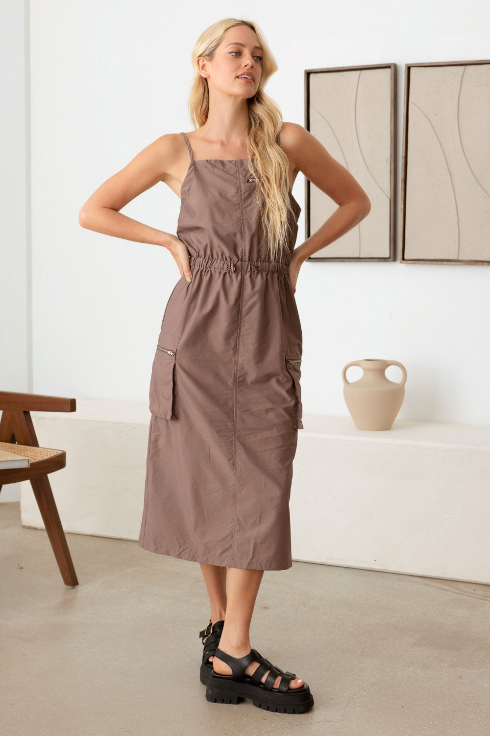 Tasha Apparel Adjustable Strap Waist Drawstring Cargo Midi Dress - AllIn Computer