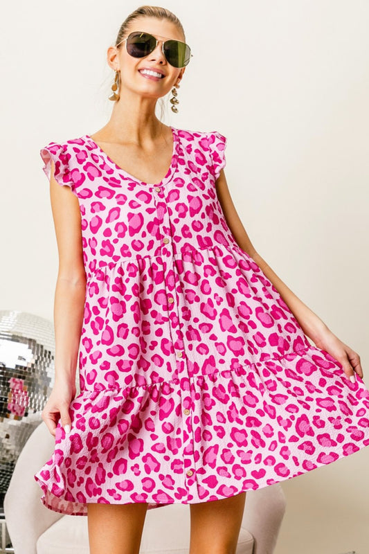 BiBi Leopard Cap Sleeve Tiered Mini Dress - AllIn Computer