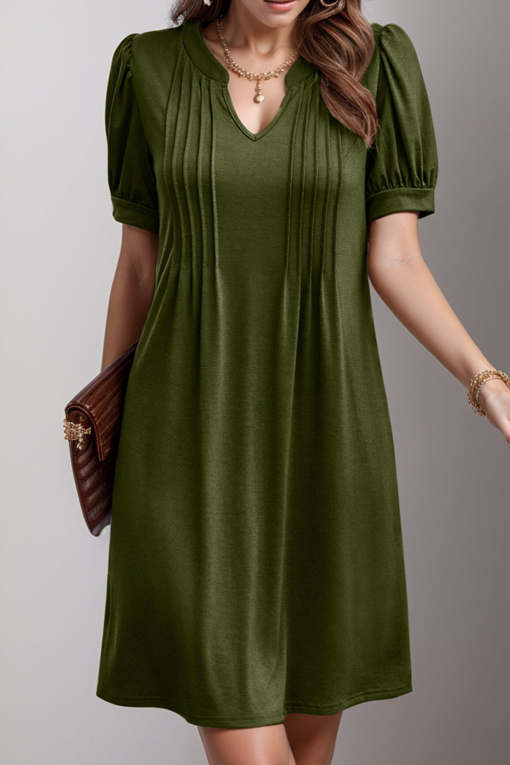 Pin-Tuck Notched Short Sleeve Dress - AllIn Computer