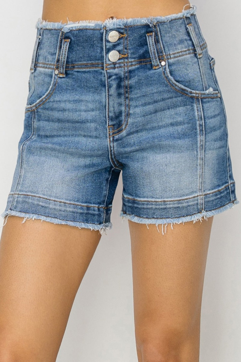 RISEN High Rise Seam Detailed Raw Edge Denim Shorts | CLOTHING,SHOES & ACCESSORIES | high rise seam detail, high waist shorts, jean shorts, RISEN, Ship from USA, shorts | Trendsi