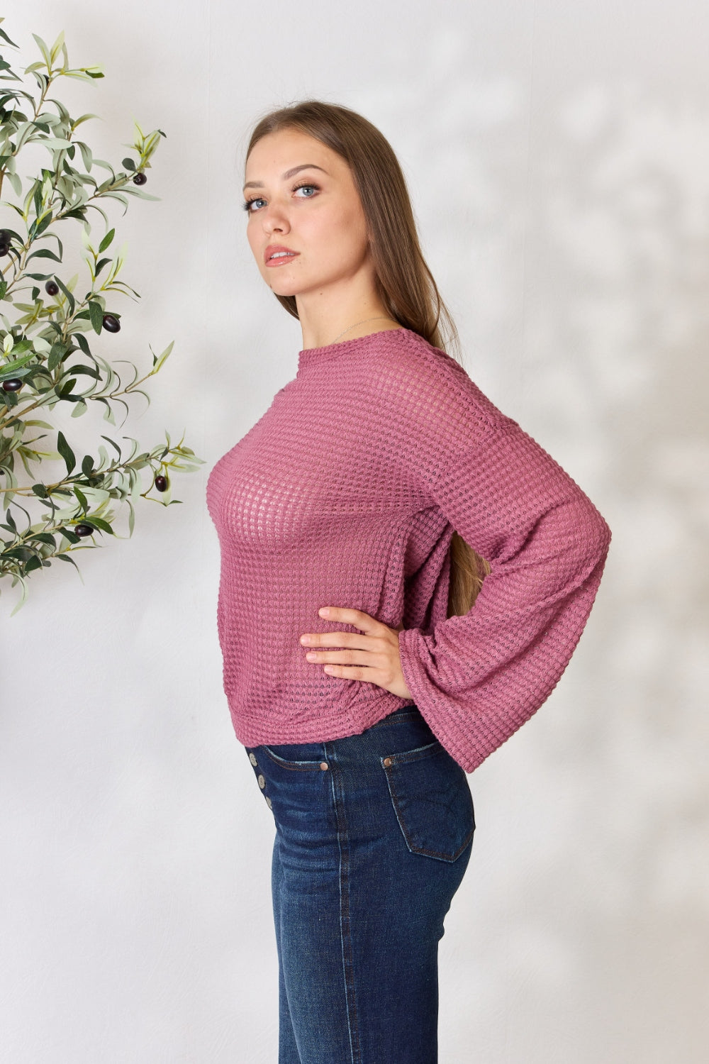Culture Code Full Size Waffle-Knit Round Neck Long Sleeve Blouse - AllIn Computer
