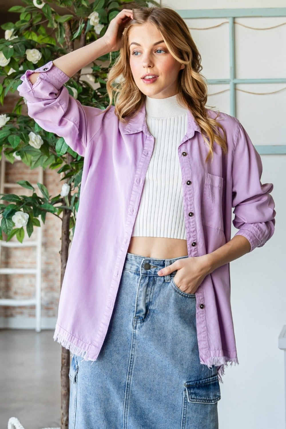 Veveret Raw Hem Button Up Long Sleeve Shirt - AllIn Computer