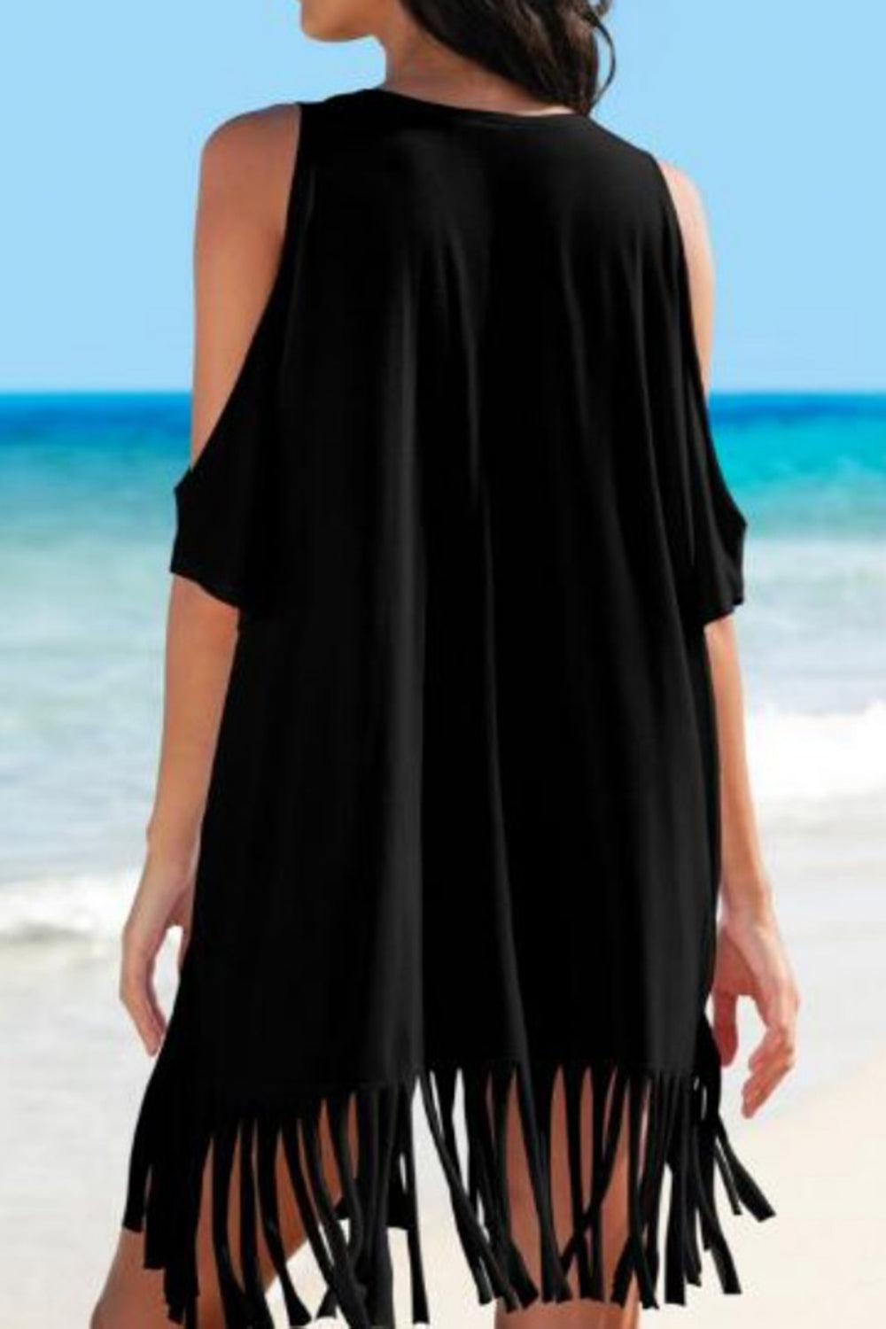 Fringe V-Neck Cold Shoulder Cover Up - AllIn Computer