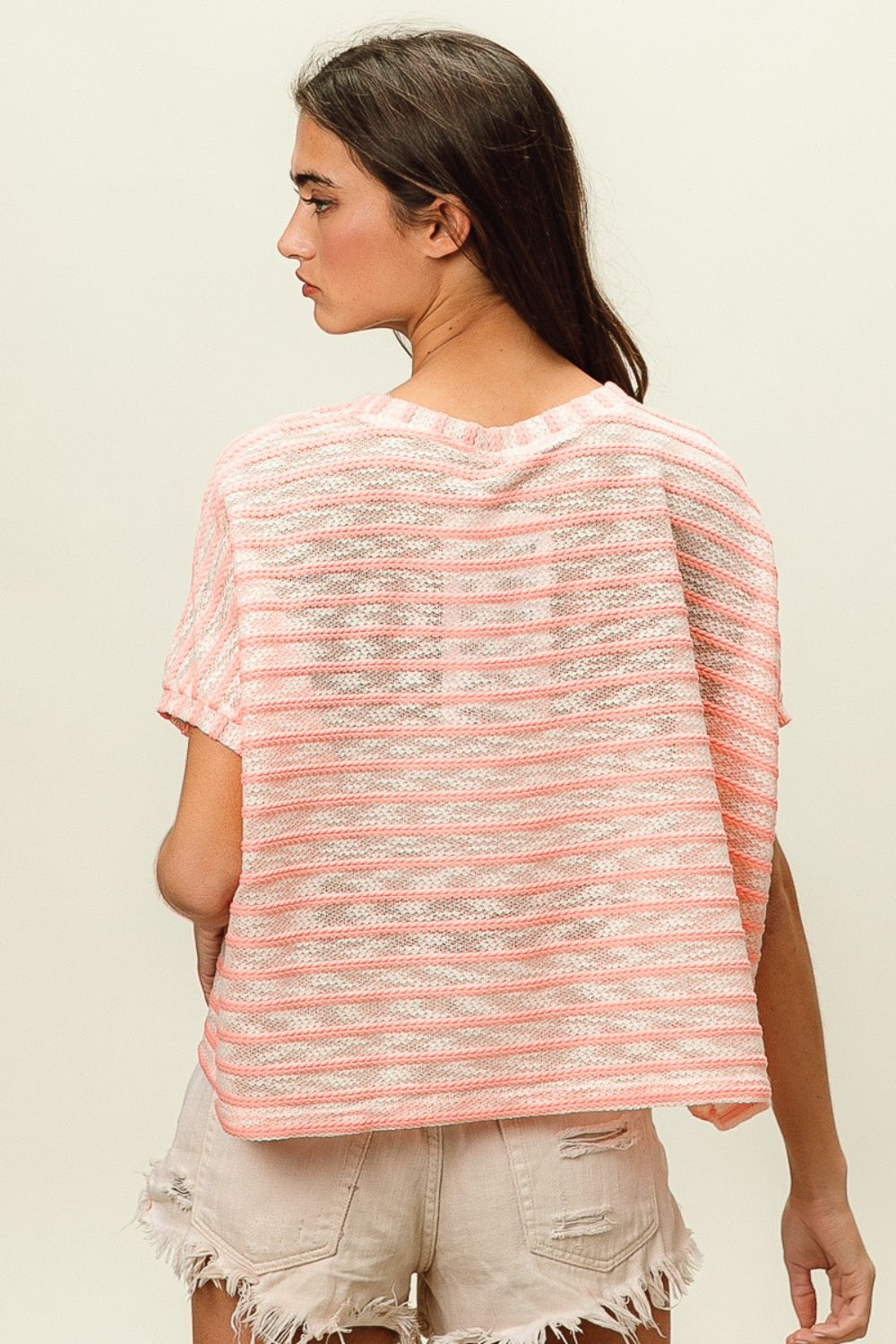 BiBi Braid Striped Short Sleeve Round Neck T-Shirt - AllIn Computer