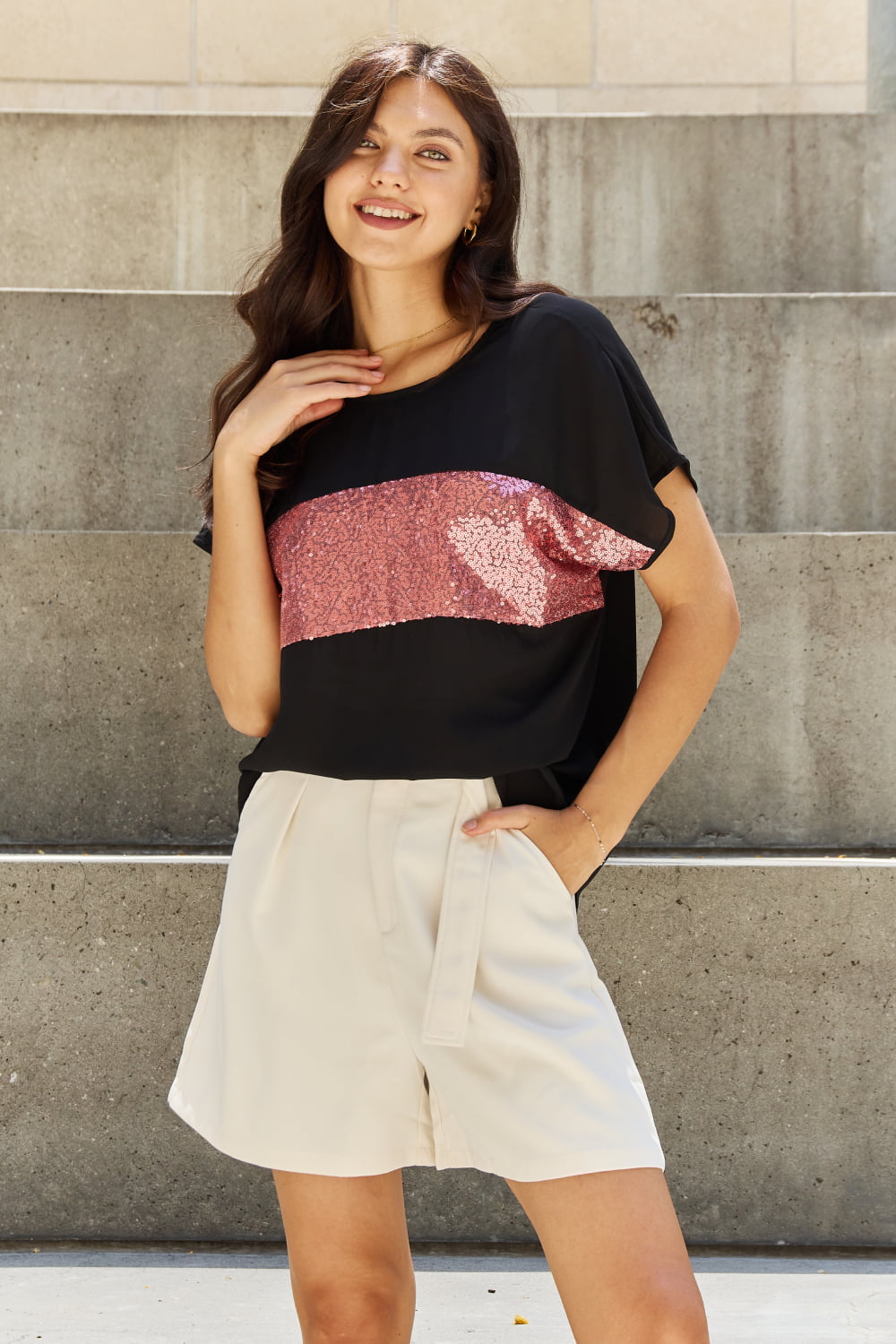 Sew In Love Shine Bright Full Size Center Mesh Sequin Top in Black/Mauve - AllIn Computer