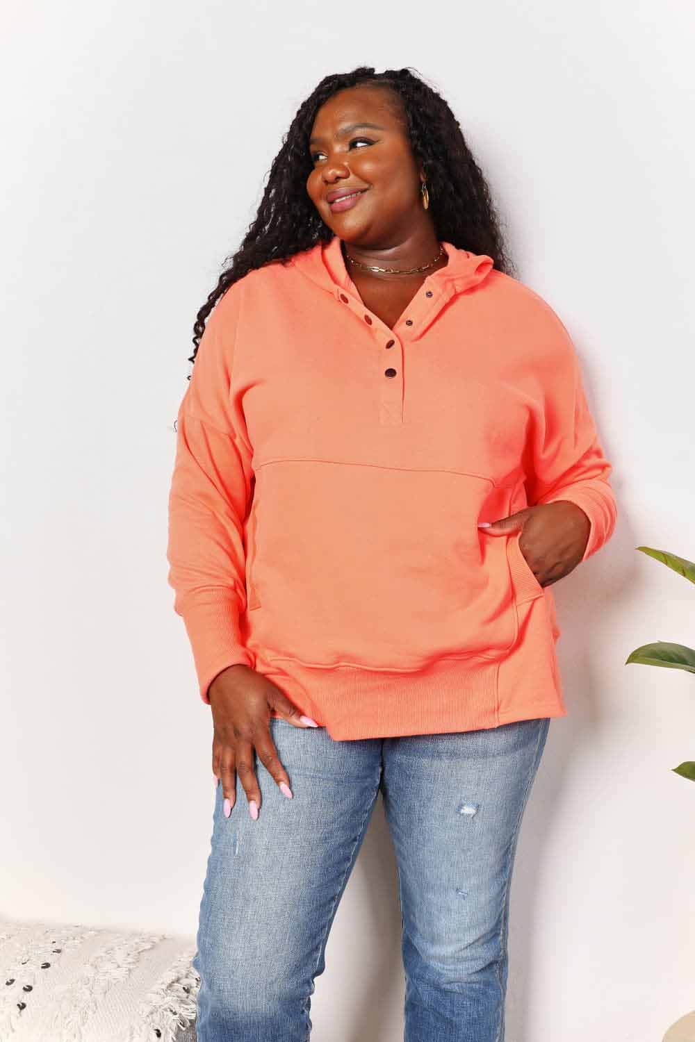 Double Take Quarter-Snap Dropped Shoulder Hoodie - AllIn Computer