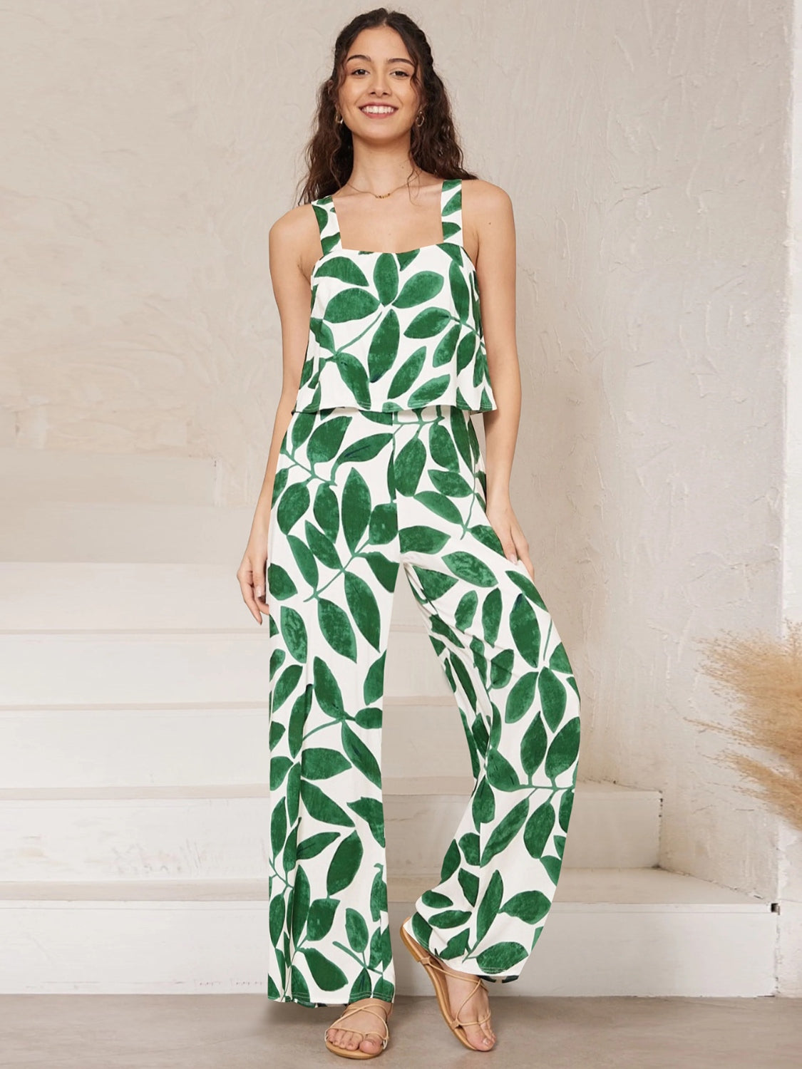 Printed Wide Strap Top and Pants Set - AllIn Computer
