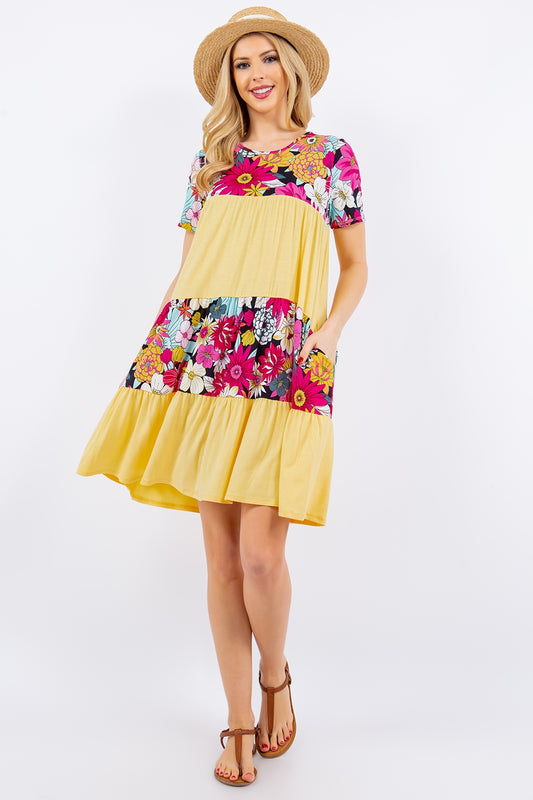 Celeste Full Size Color Block Floral Round Neck Short Sleeve Dress | CLOTHING,SHOES & ACCESSORIES | Celeste, color block dress, dress, floral print, Ship from USA | Trendsi