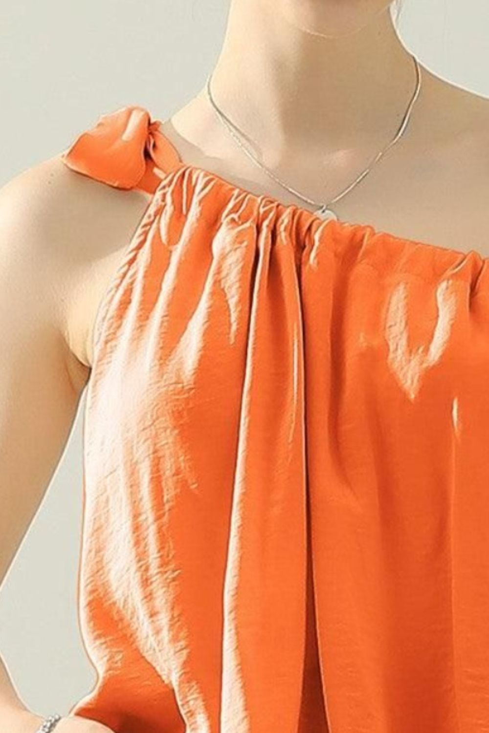 Ninexis One Shoulder Bow Tie Strap Satin Silk Top - AllIn Computer