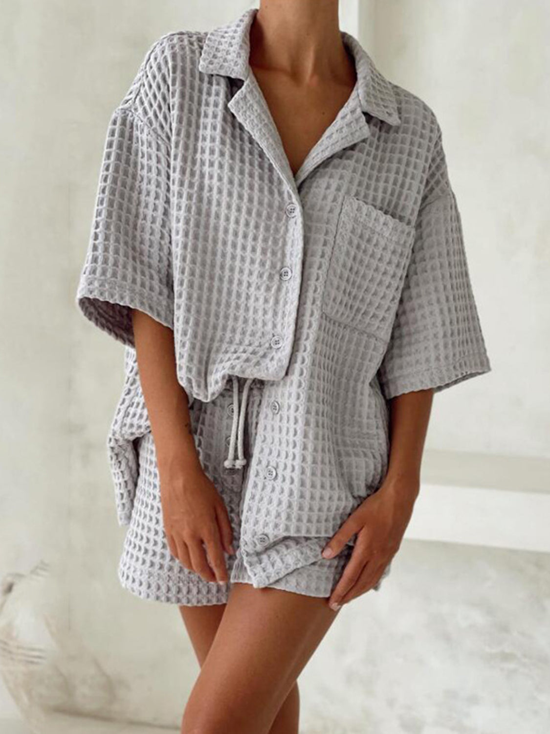 Waffle-Knit Dropped Shoulder Top and Shorts Set - AllIn Computer