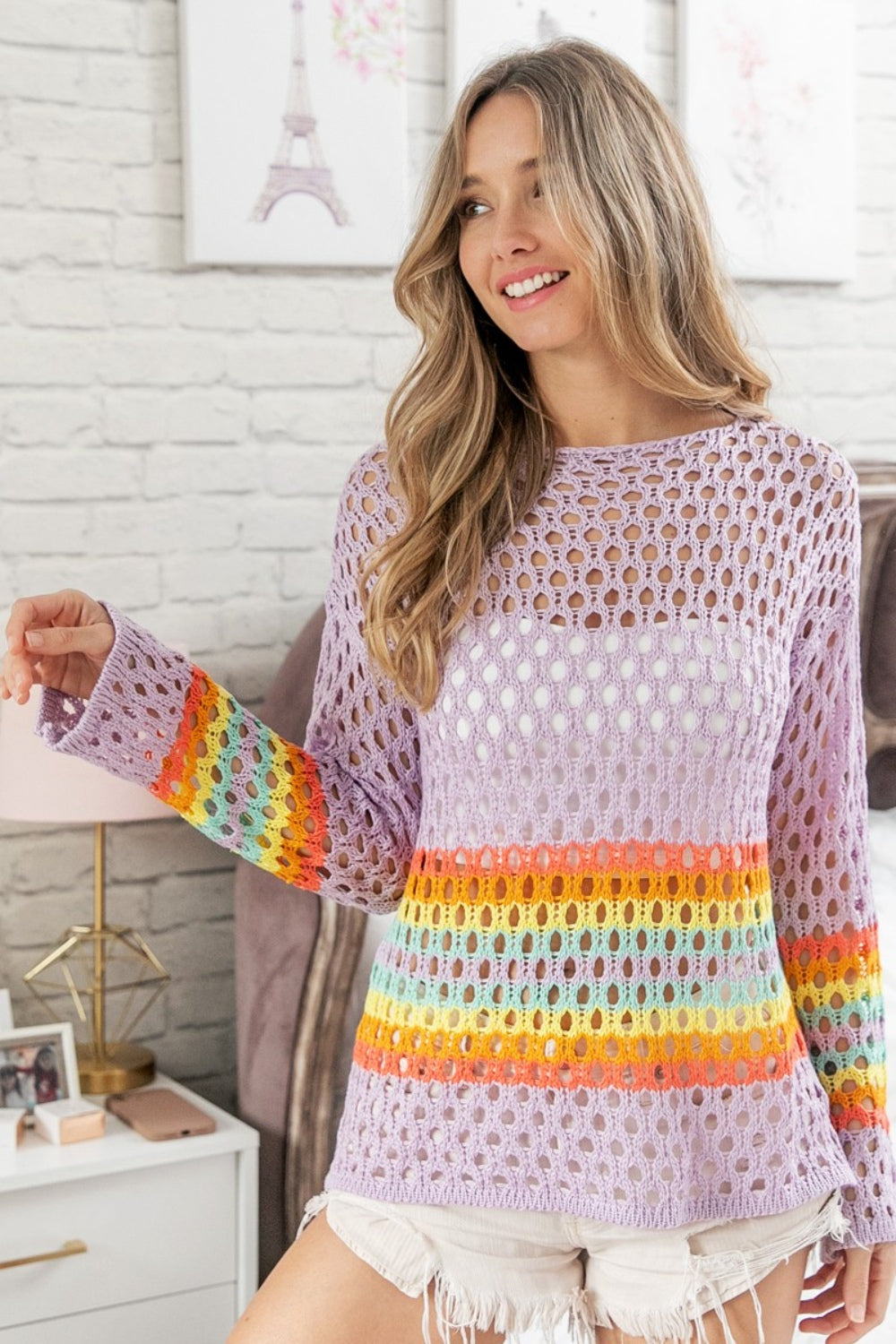 BiBi Rainbow Stripe Hollow Out Cover Up - AllIn Computer