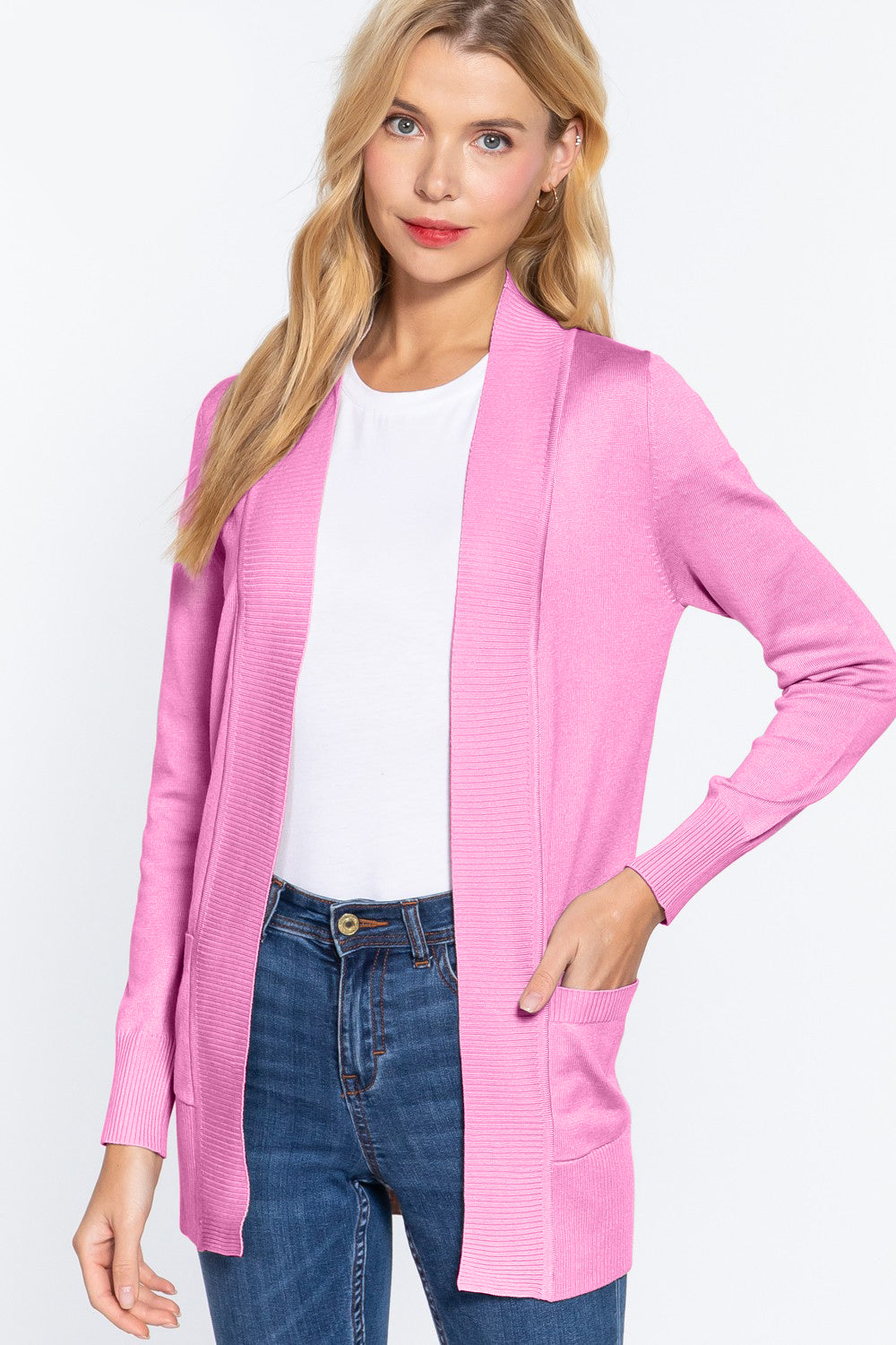 ACTIVE BASIC Ribbed Trim Open Front Cardigan - AllIn Computer