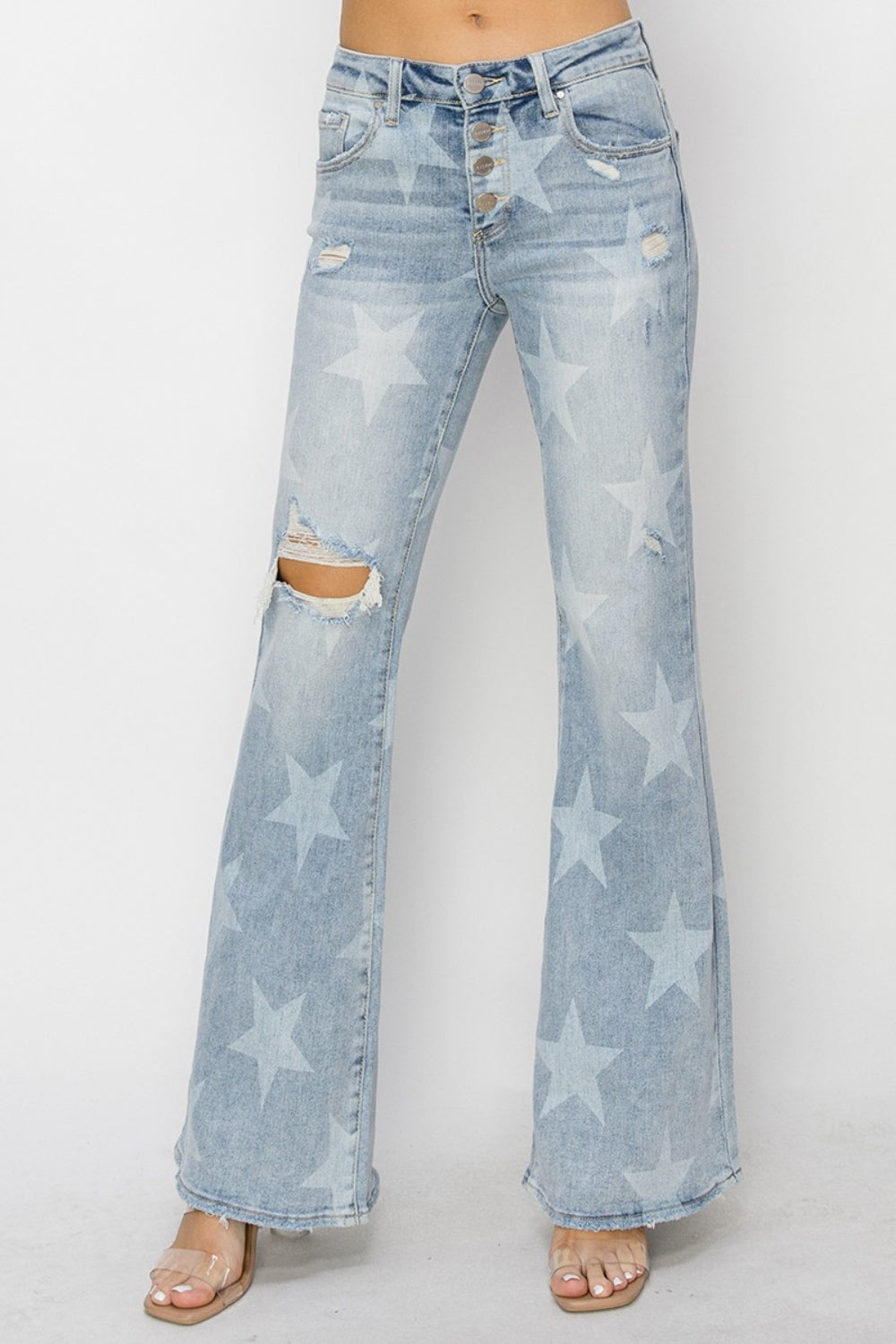 RISEN Mid-Rise Button Fly Star Print Flare Jeans - AllIn Computer