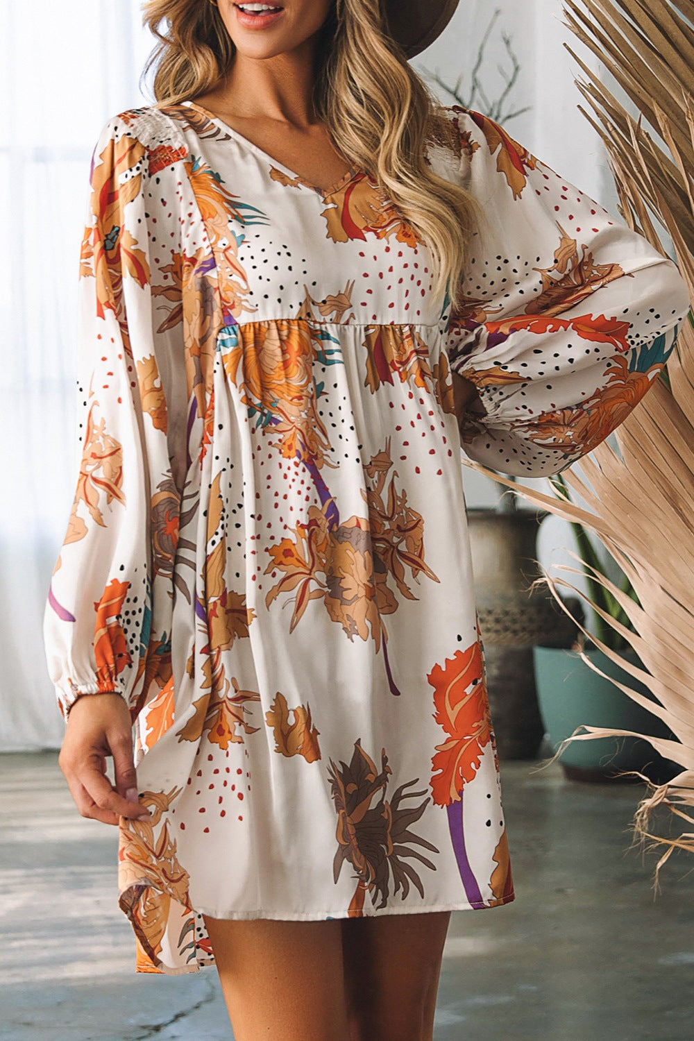 Printed V-Neck Balloon Sleeve Mini Dress - AllIn Computer