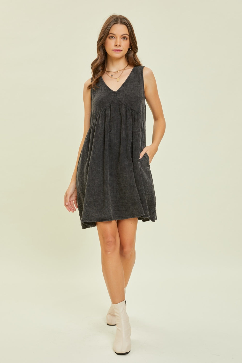 HEYSON Full Size Texture V-Neck Sleeveless Flare Mini Dress - AllIn Computer