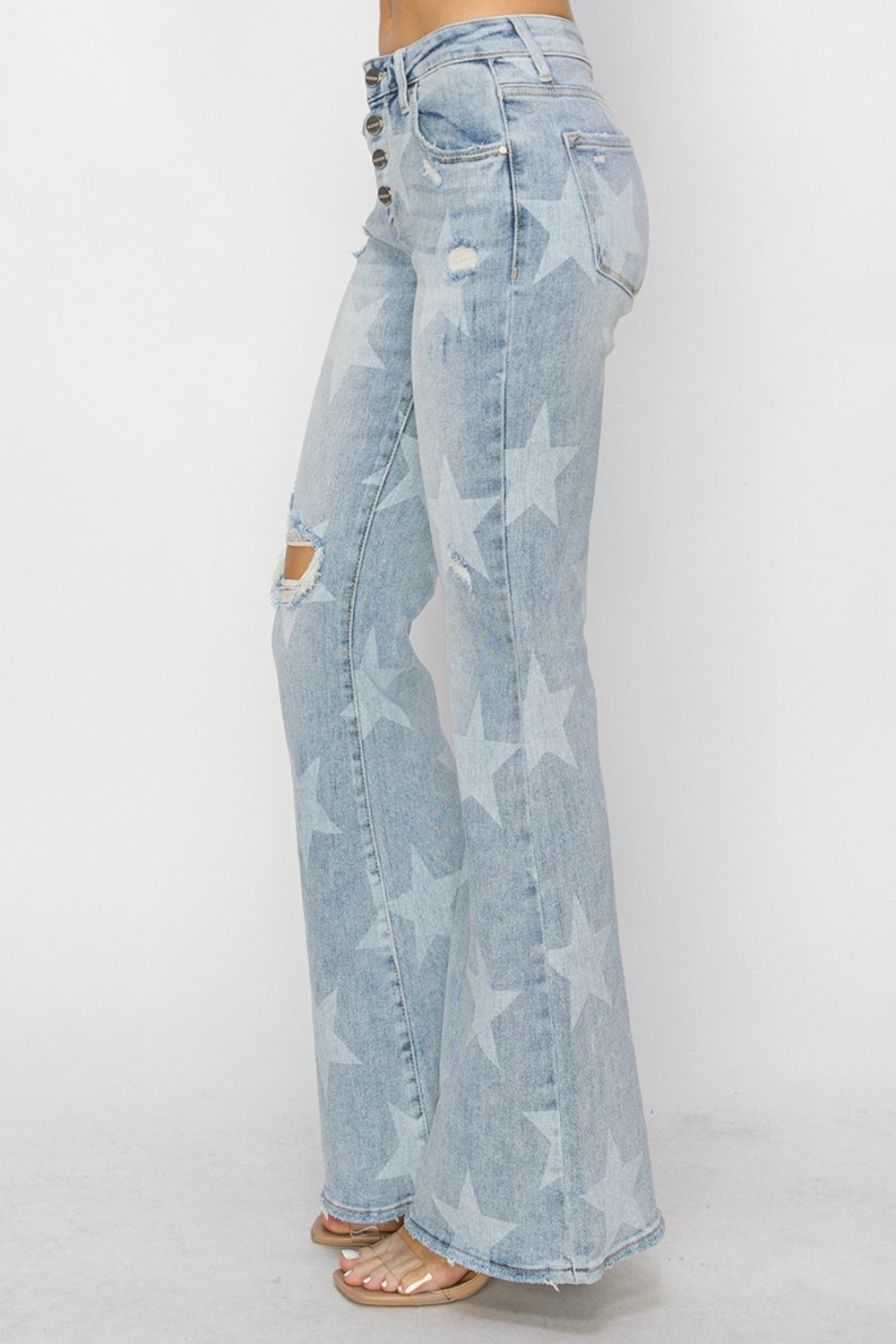 RISEN Mid-Rise Button Fly Star Print Flare Jeans - AllIn Computer