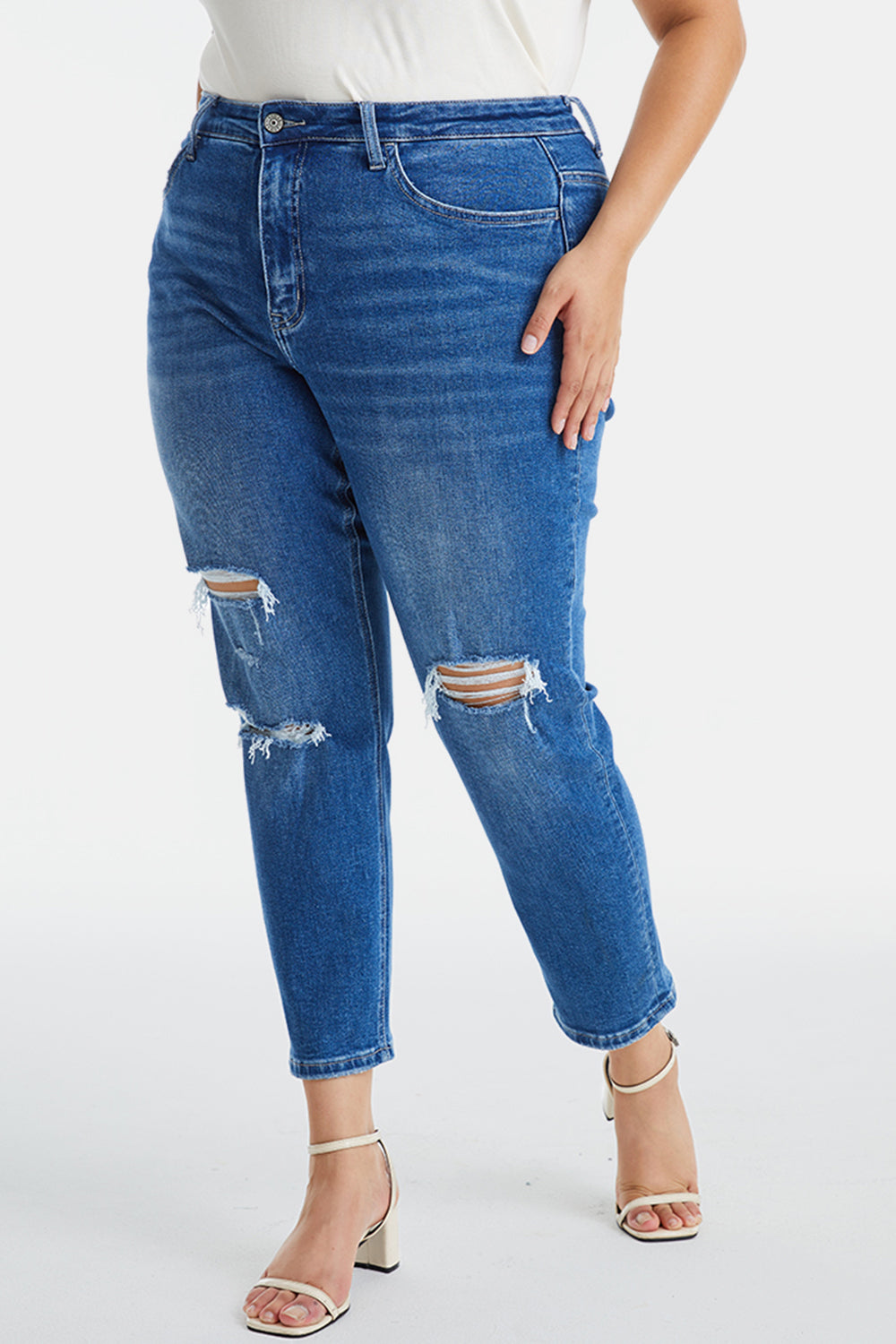 BAYEAS Full Size Distressed High Waist Mom Jeans - AllIn Computer