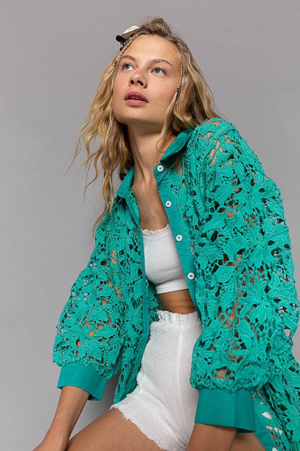 POL Collared Neck Button Up Lace Shirt - AllIn Computer