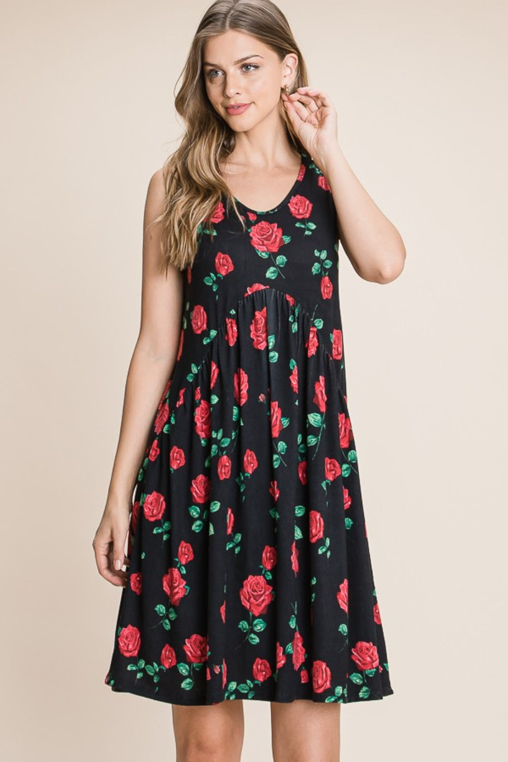 BOMBOM Floral Ruched Tank Dress - AllIn Computer