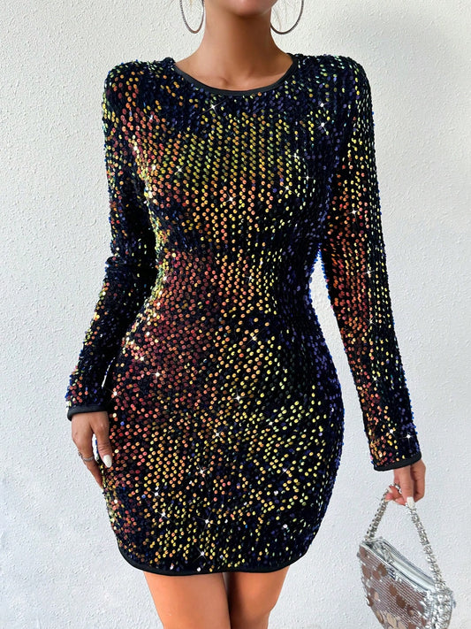 Sequin Round Neck Long Sleeve Mini Dress | CLOTHING,SHOES & ACCESSORIES | cocktail dress, J&Y, Ship From Overseas | Trendsi