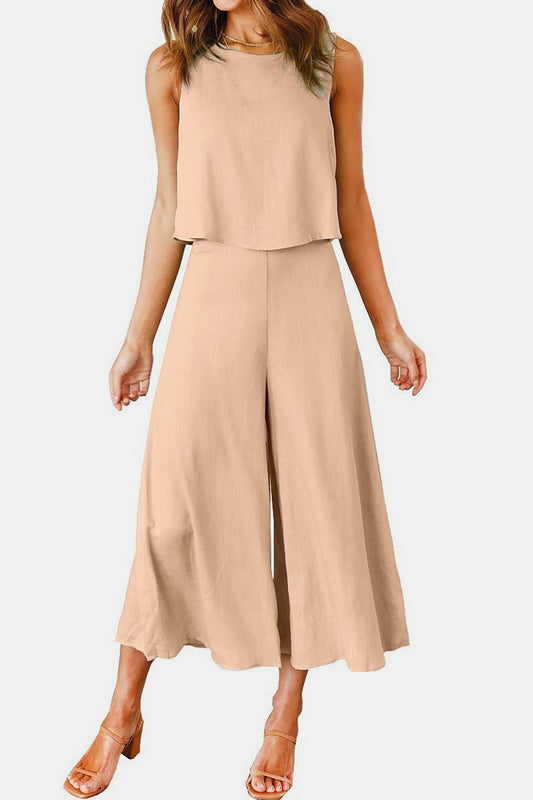 Round Neck Top and Wide Leg Pants Set - AllIn Computer