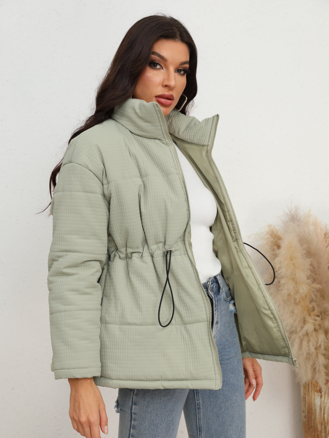 Drawstring Waist Zip-Up Puffer Jacket - AllIn Computer