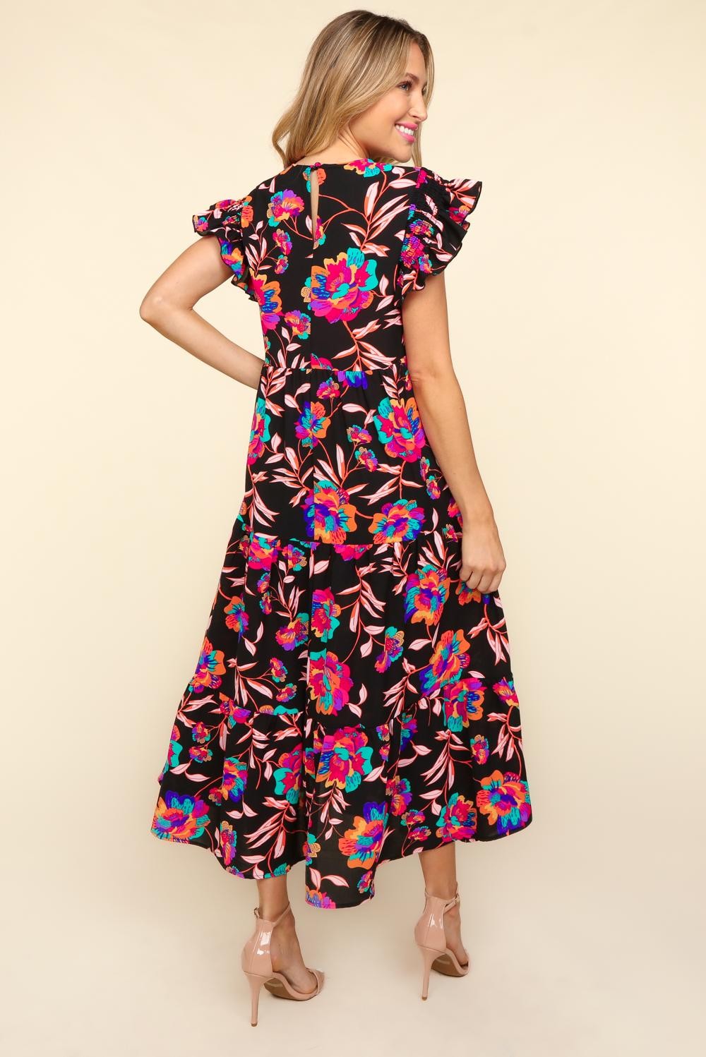 Haptics Ruffled Printed Round Neck Cap Sleeve Dress - AllIn Computer