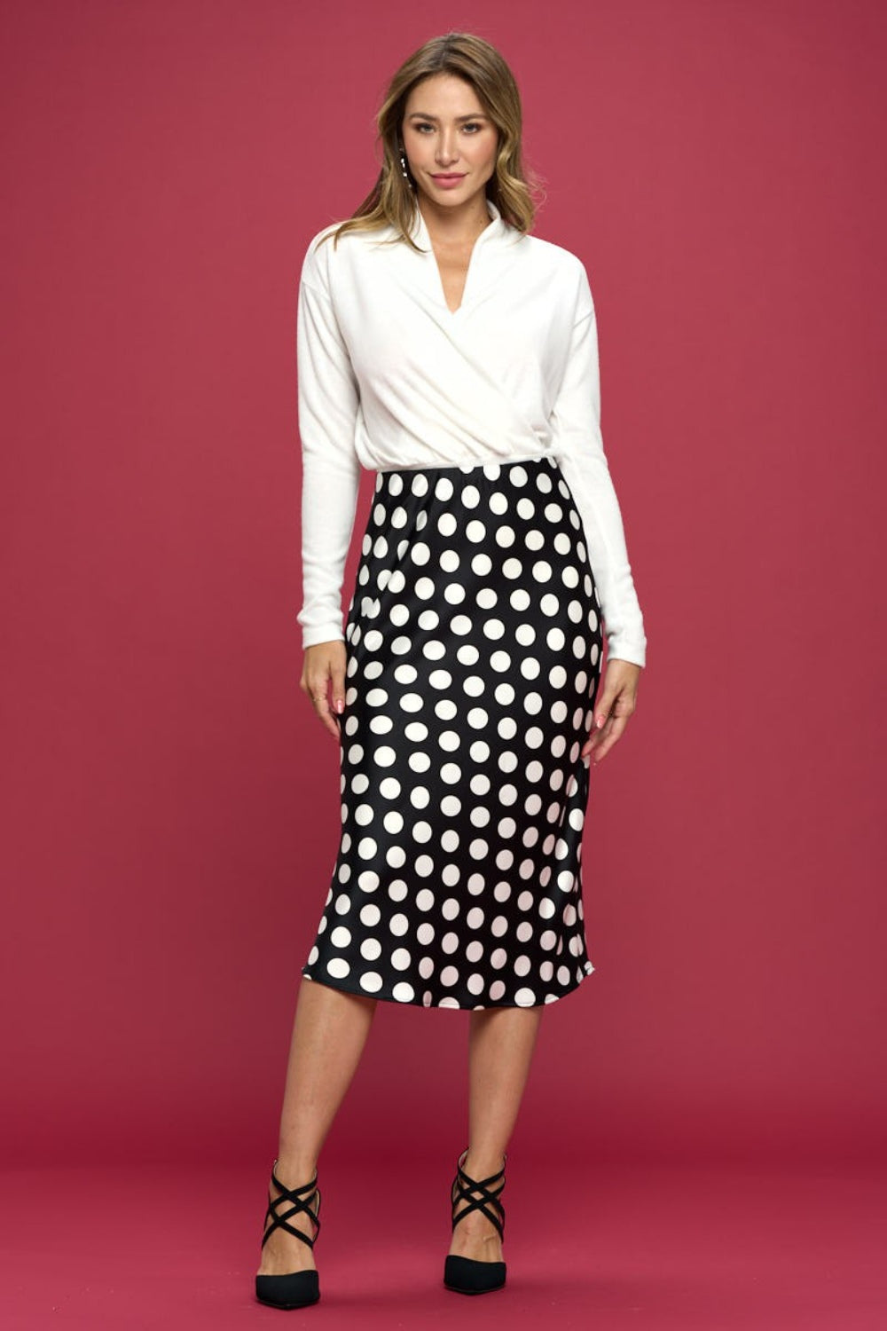 RENEE C Polka Dot Satin Midi Skirt - AllIn Computer