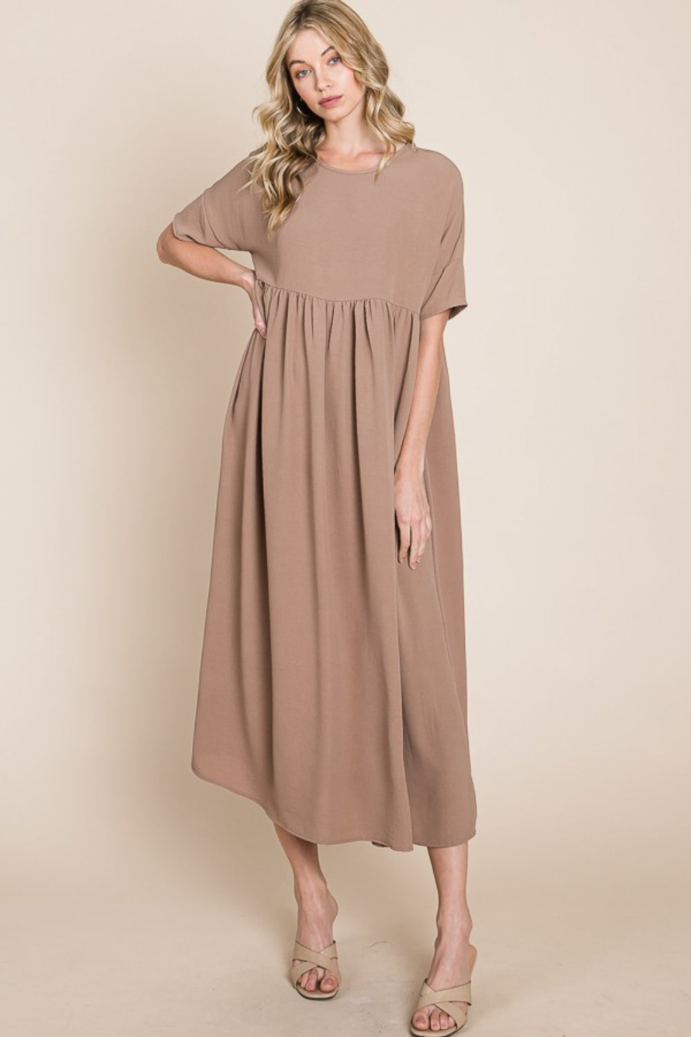 BOMBOM Round Neck Ruched Midi Dress - AllIn Computer