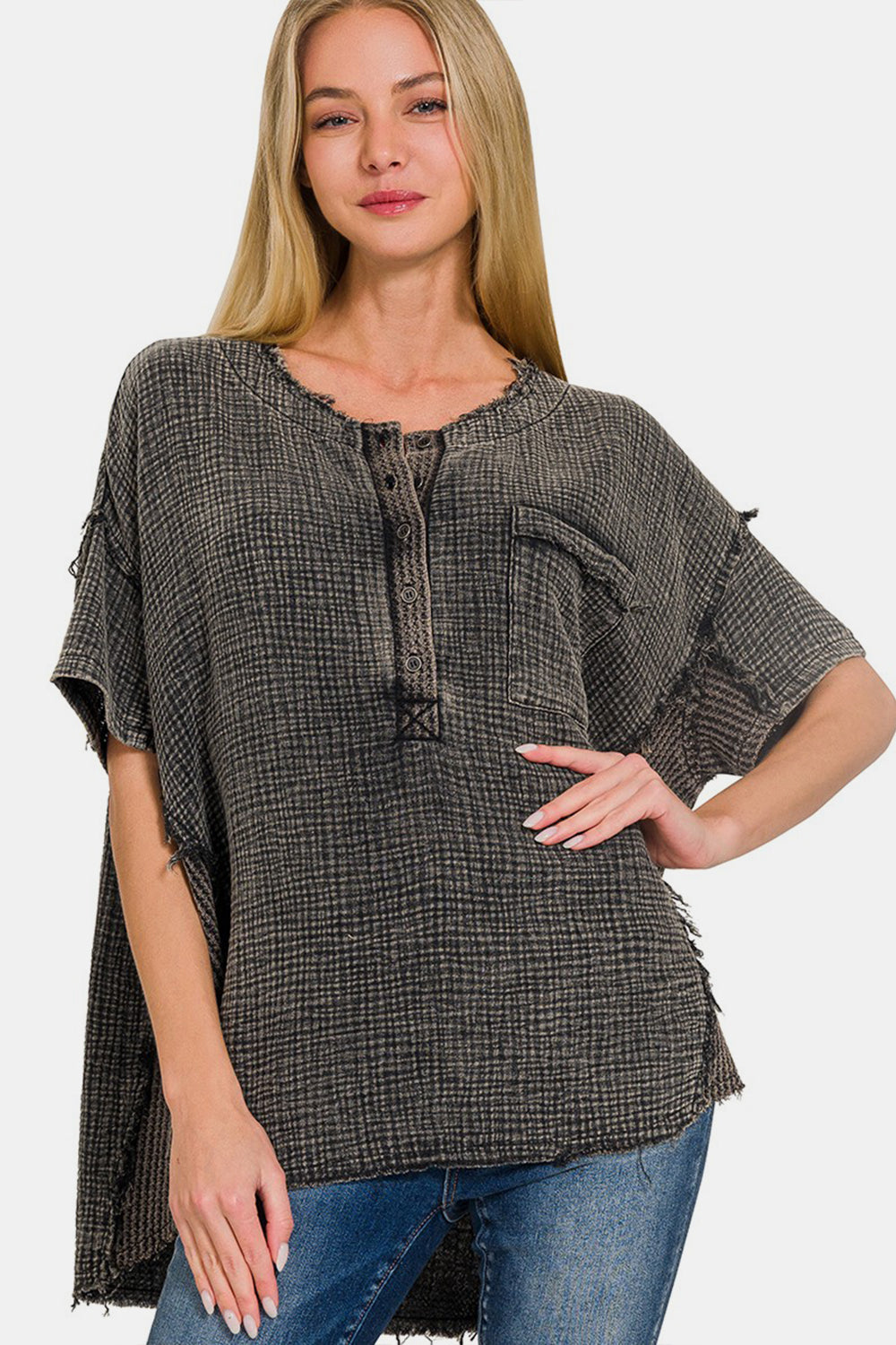 Zenana Washed Texture Half Button T-Shirt - AllIn Computer