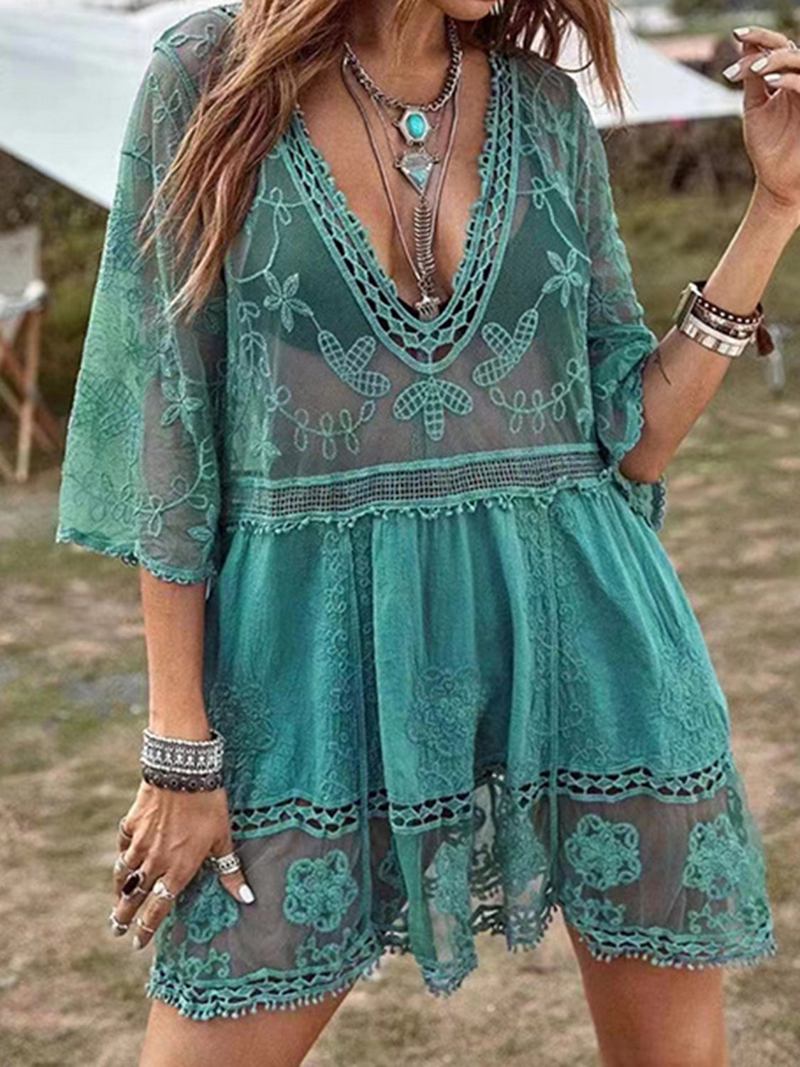 Lace Detail Plunge Cover-Up Dress - AllIn Computer