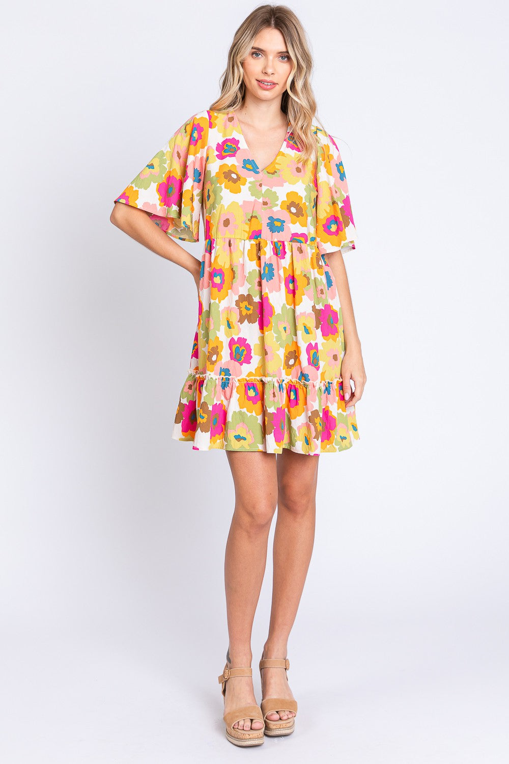 GeeGee Floral V-Neck Ruffle Hem Mini Dress - AllIn Computer