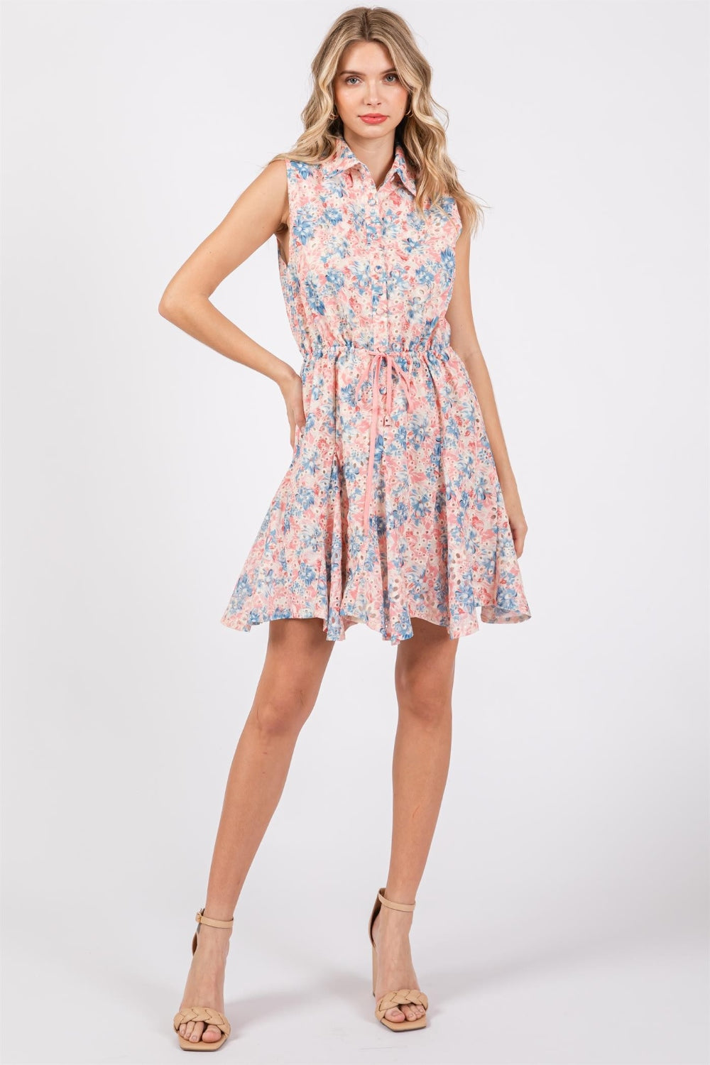 GeeGee Full Size Floral Eyelet Sleeveless Mini Dress - AllIn Computer