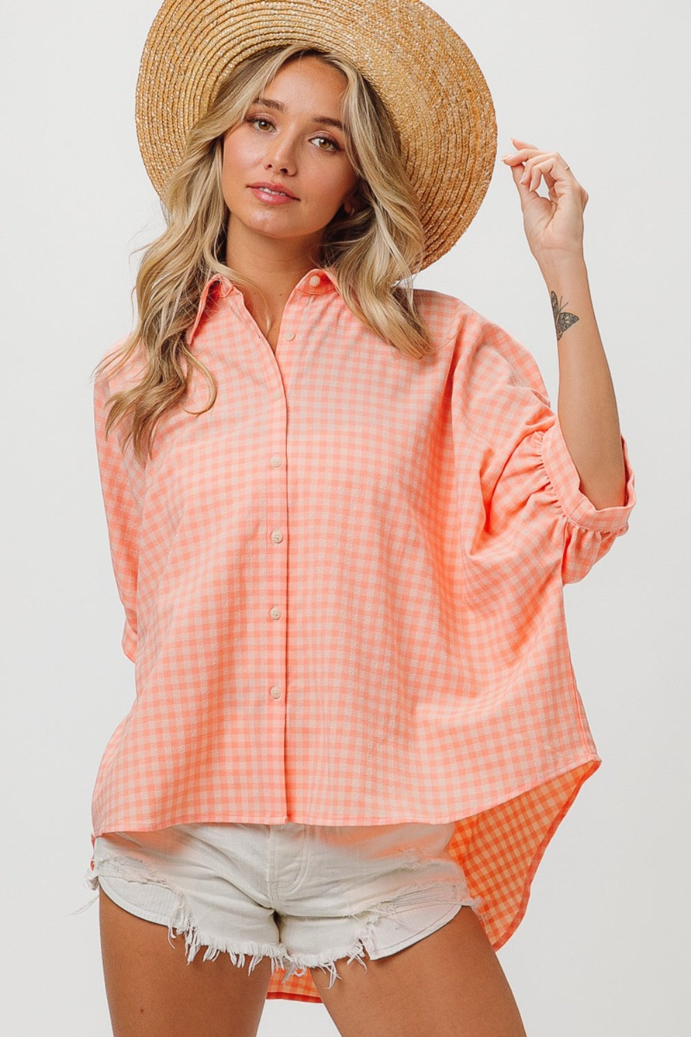 BiBi Plaid Button Up Dolman Sleeve Shirt - AllIn Computer