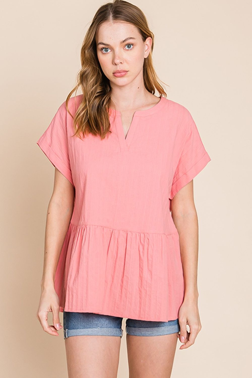 Cotton Bleu by Nu Label Notched Short Sleeve Peplum Top - AllIn Computer