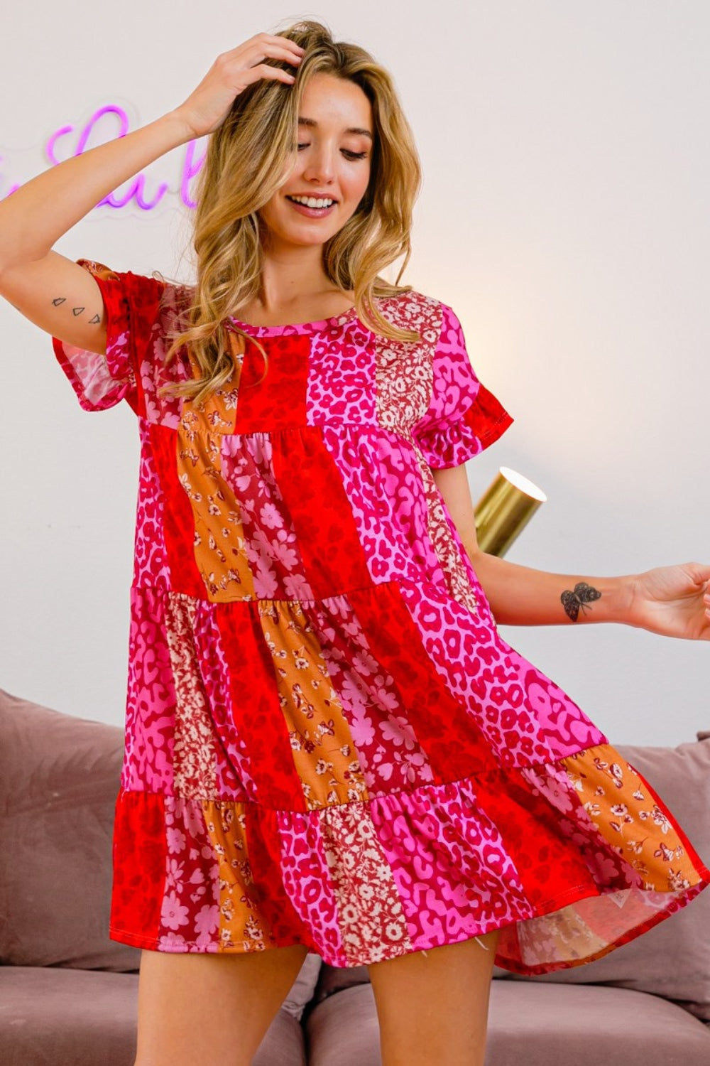 BiBi Leopard Short Sleeve Tiered Dress - AllIn Computer