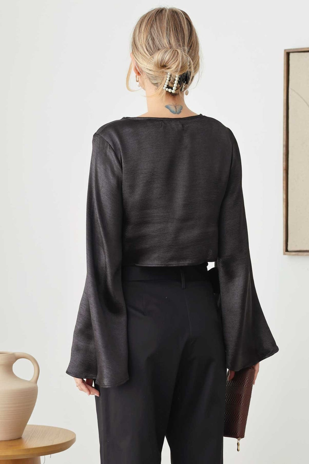 Tasha Apparel Satin Rhinestone Buttons Closure Crop Top - AllIn Computer