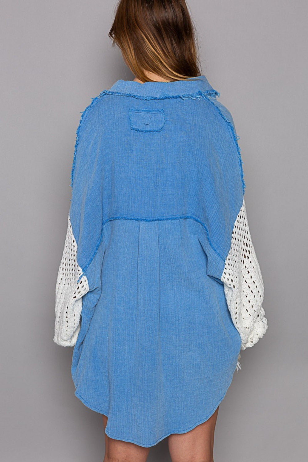 POL Openwork Lantern Sleeve Button Down Gauze Shirt - AllIn Computer