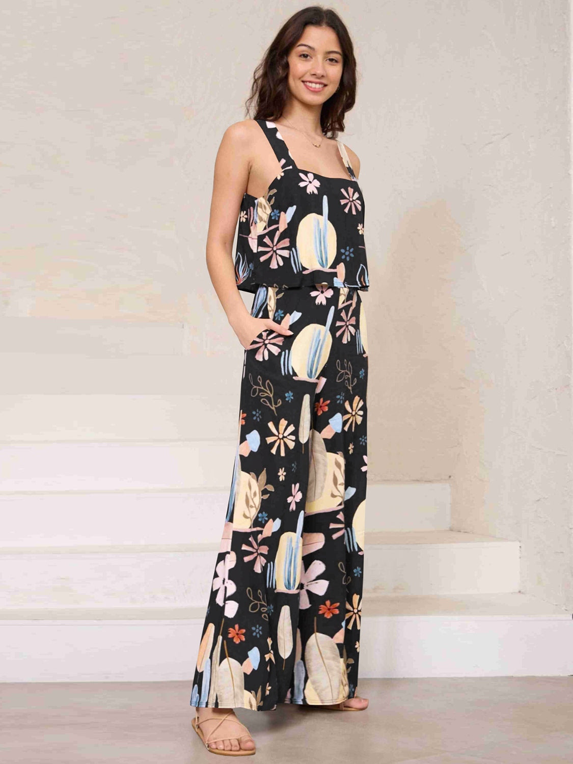 Printed Wide Strap Top and Pants Set - AllIn Computer