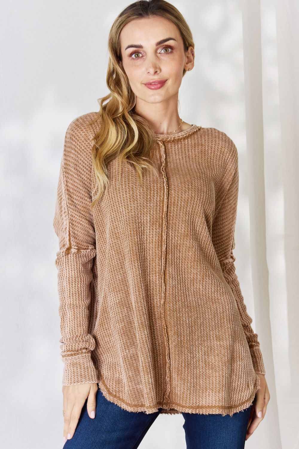 Zenana Oversized Washed Waffle Long Sleeve Top - AllIn Computer