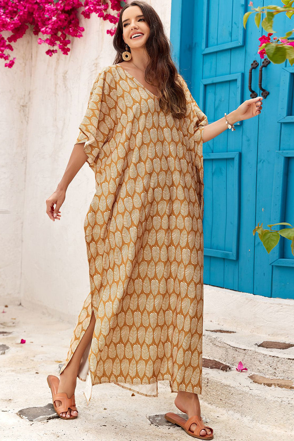 Slit Printed V-Neck Half Sleeve Cover Up - AllIn Computer