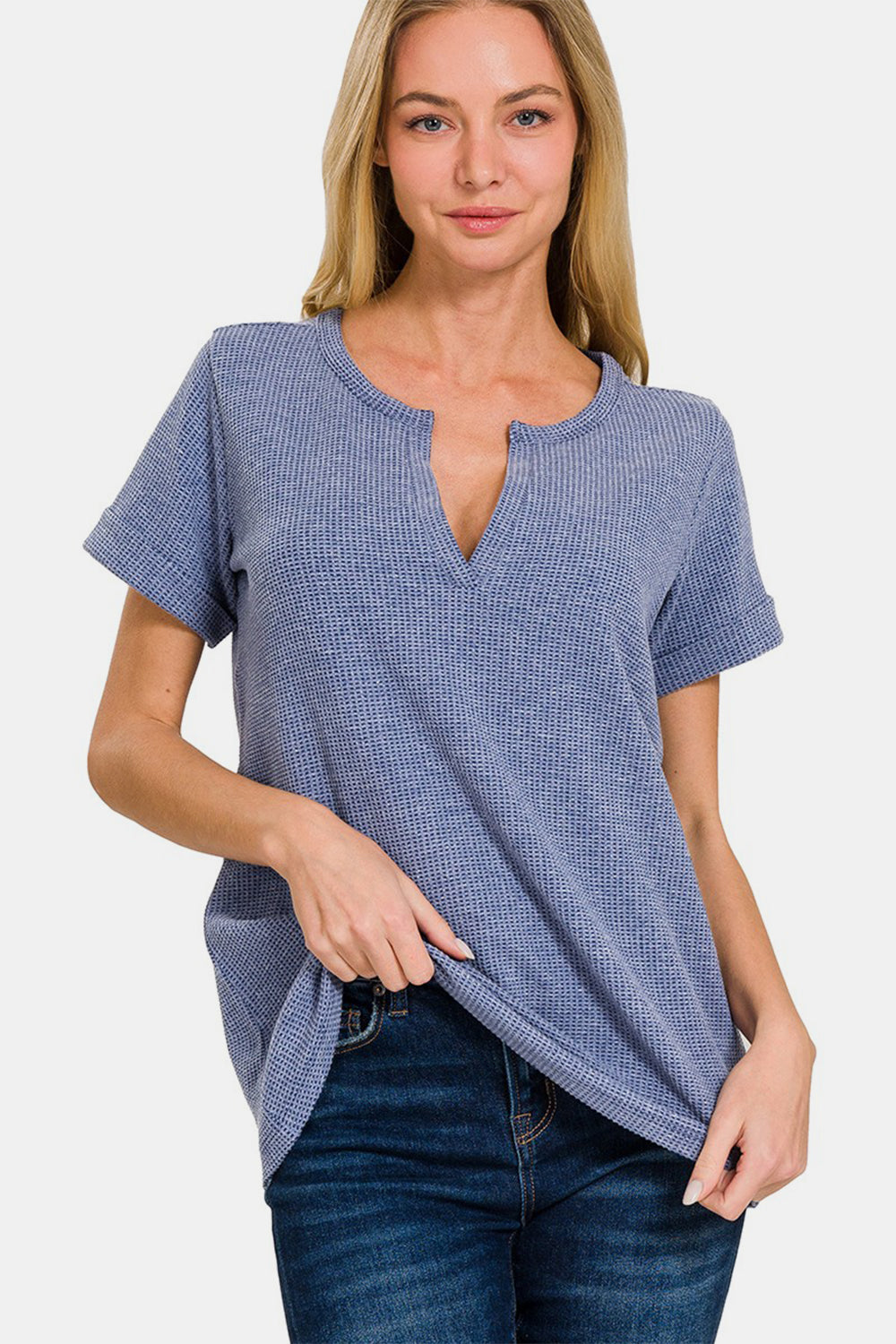 Zenana Notched Short Sleeve Waffle T-Shirt - AllIn Computer