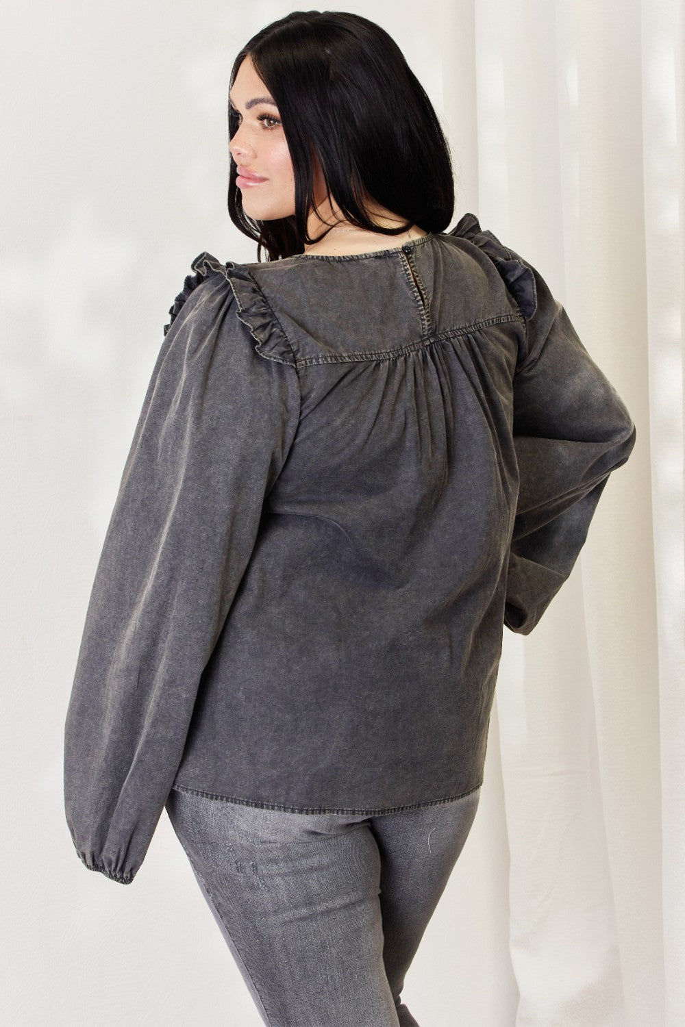 HEYSON Full Size Mineral Wash Smocked Round Neck Blouse - AllIn Computer