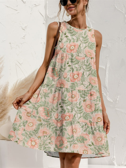 Tiered Printed Round Neck Sleeveless Dress | CLOTHING,SHOES & ACCESSORIES | dress, FAM-FAM, Ship From Overseas | Trendsi