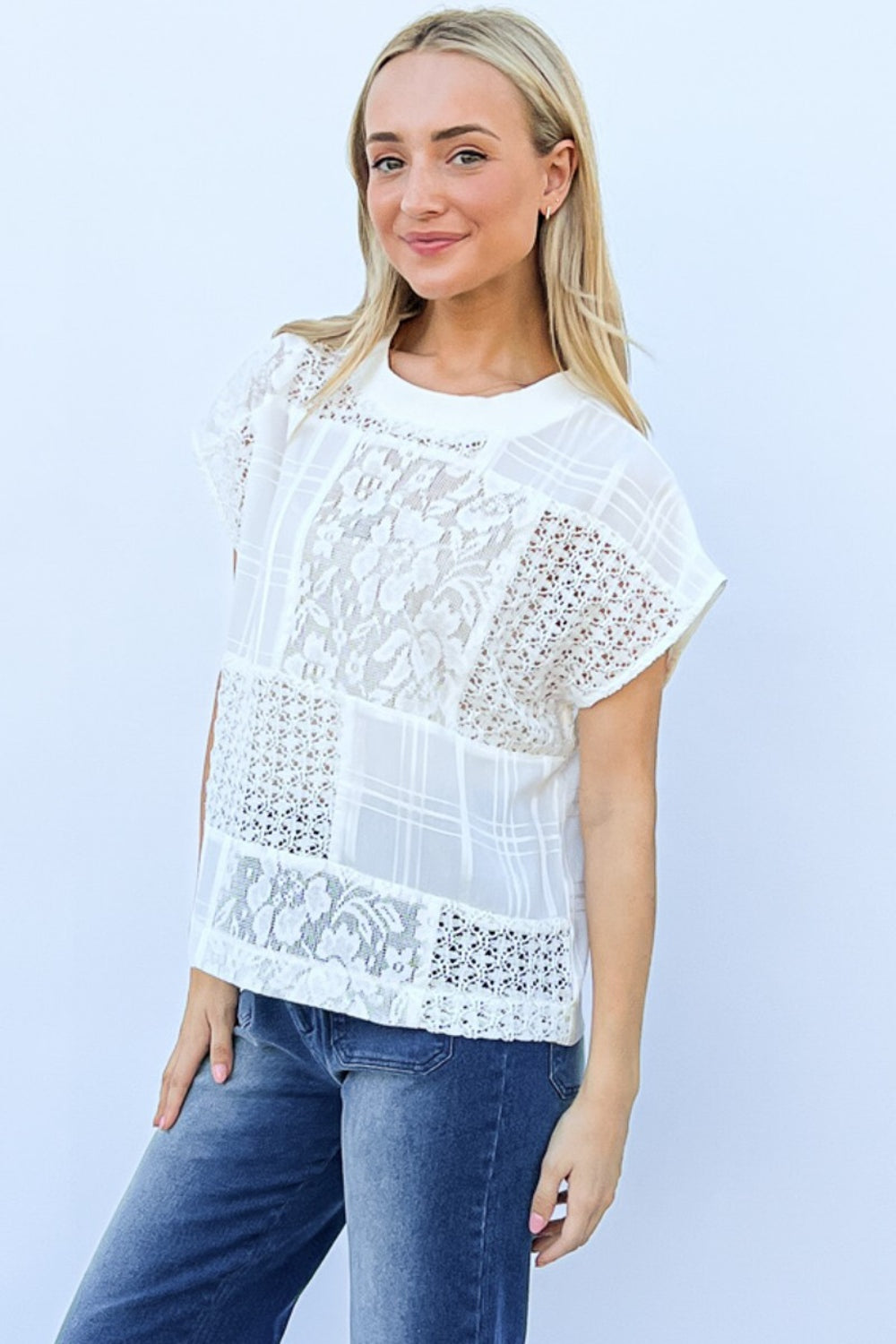 And The Why Lace Patchwork Short Sleeve Top and Cami Set - AllIn Computer