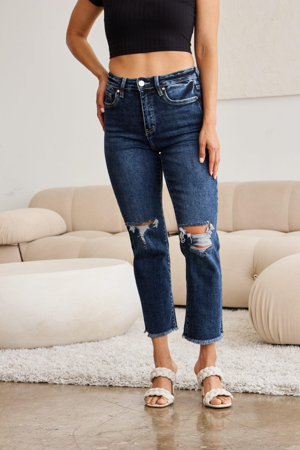 RFM Crop Dylan Full Size Tummy Control Distressed High Waist Raw Hem Jeans - AllIn Computer